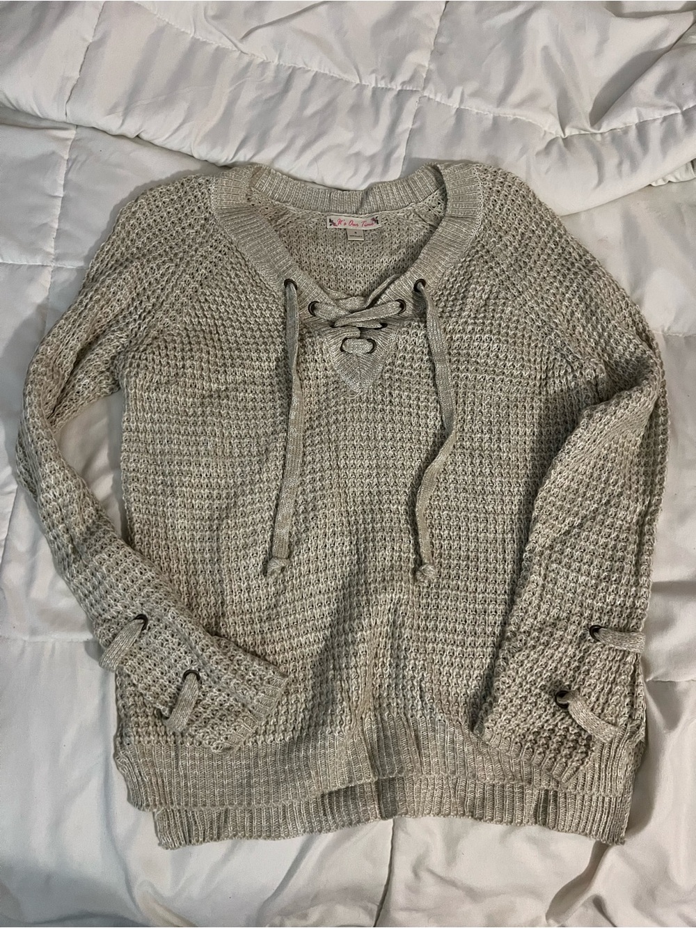 It's Our Time Lace-Up V-Neck Waffle Knit Sweater - Cream